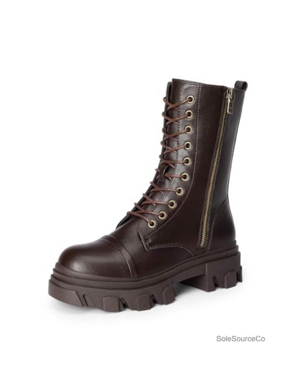 Combat Boots Lace Up Mid Calf Faux Leather Block Heel
